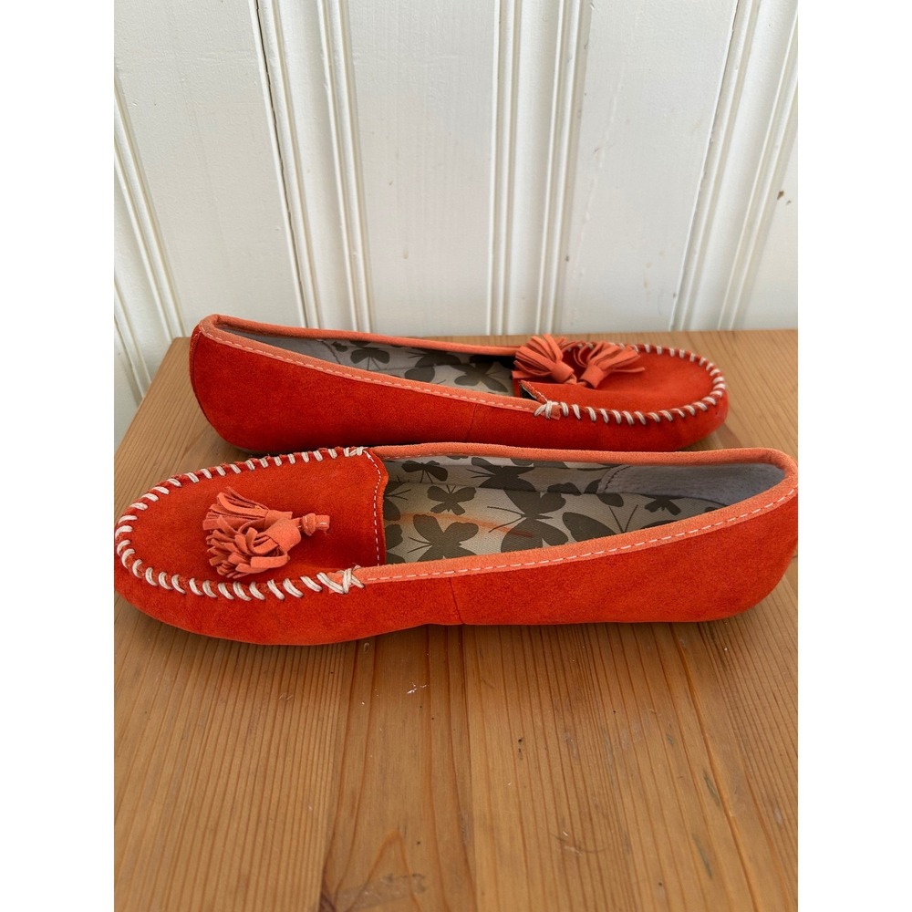 Lands End Womens Orange Suede Tassel Driving Moccasin Loafers Preppy Size 8.5 M